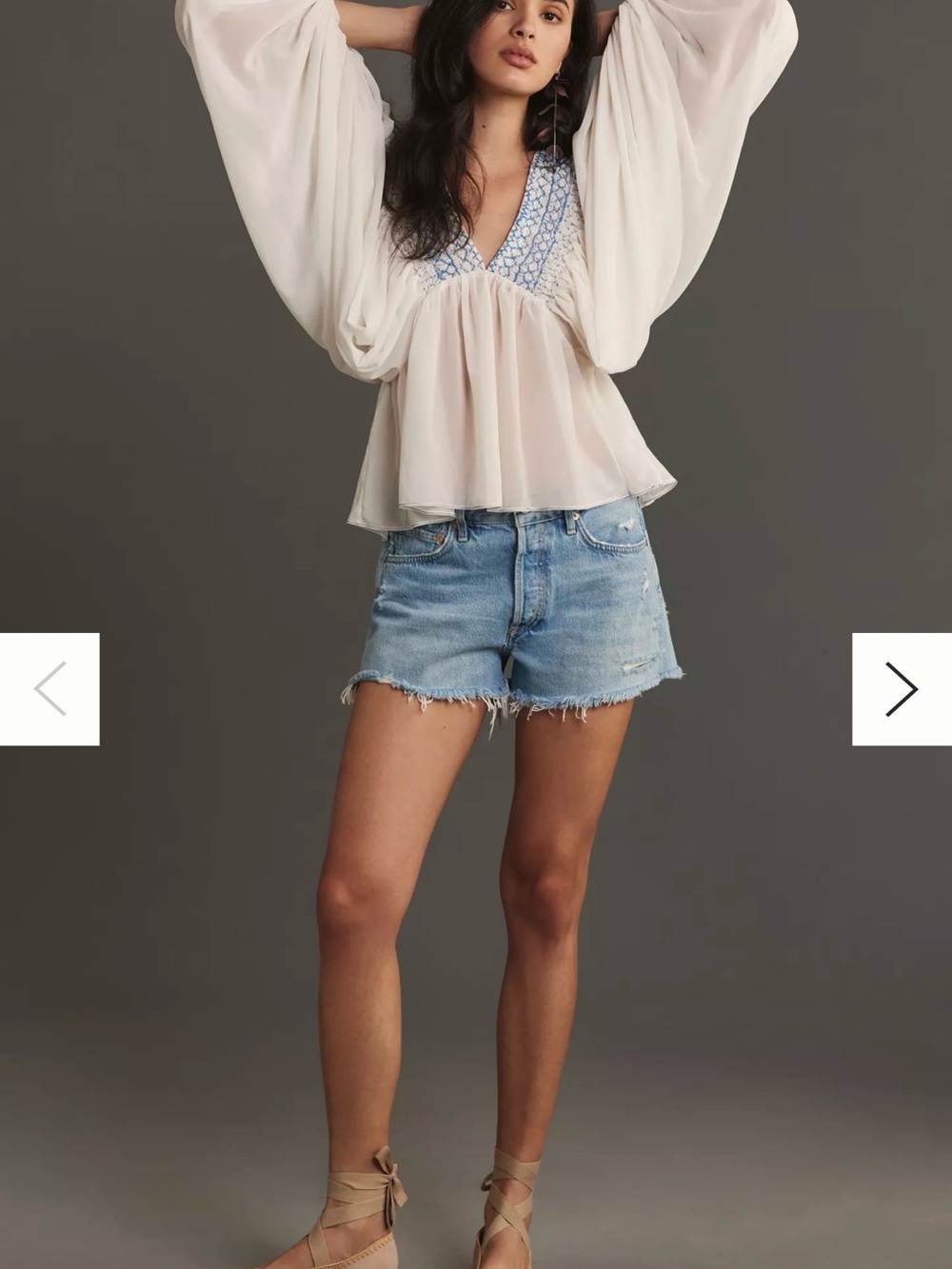 Anthropologie Ivory Peasant Blouse with Blue Embroidered V-Neck